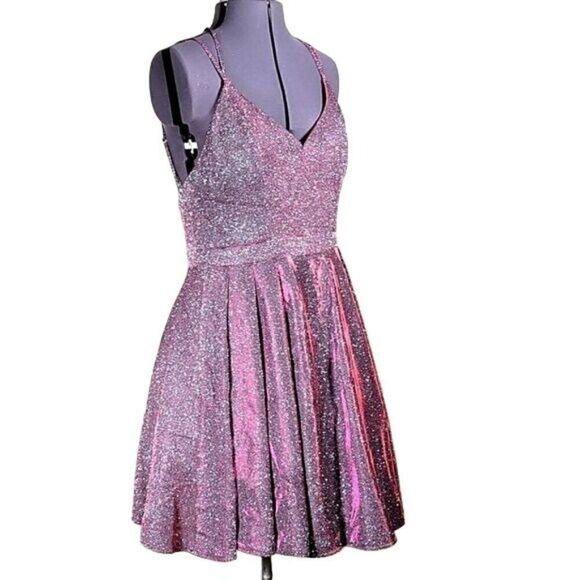 Sequin Hearts Pink Shimmery Fit&Flare Dress Sz 13 - Picture 2 of 14